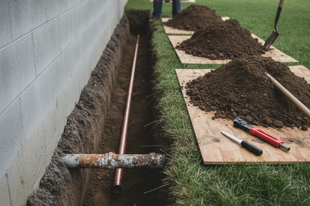 Excavated water line trench during Sewer Line Repair in Morris